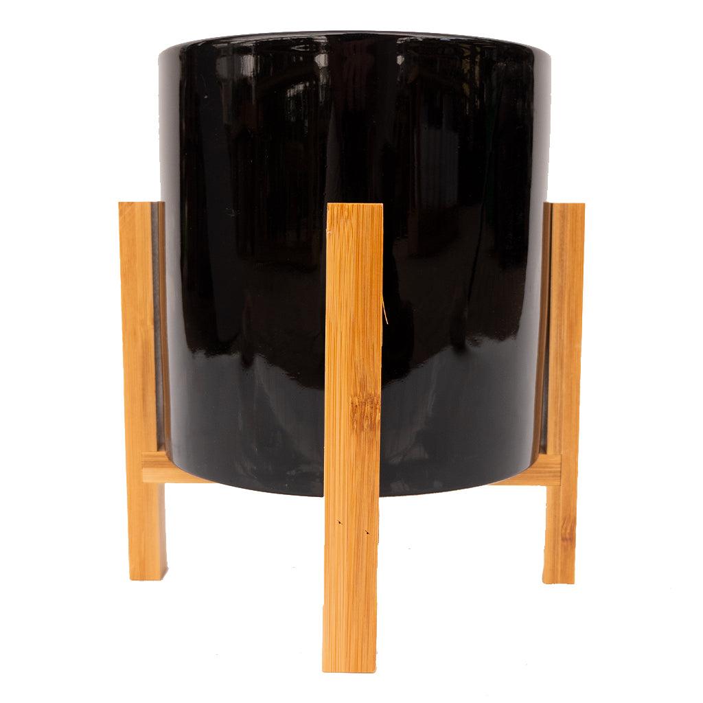 Gwen Tall Ceramic Pot with Wooden Stand Glossy Black