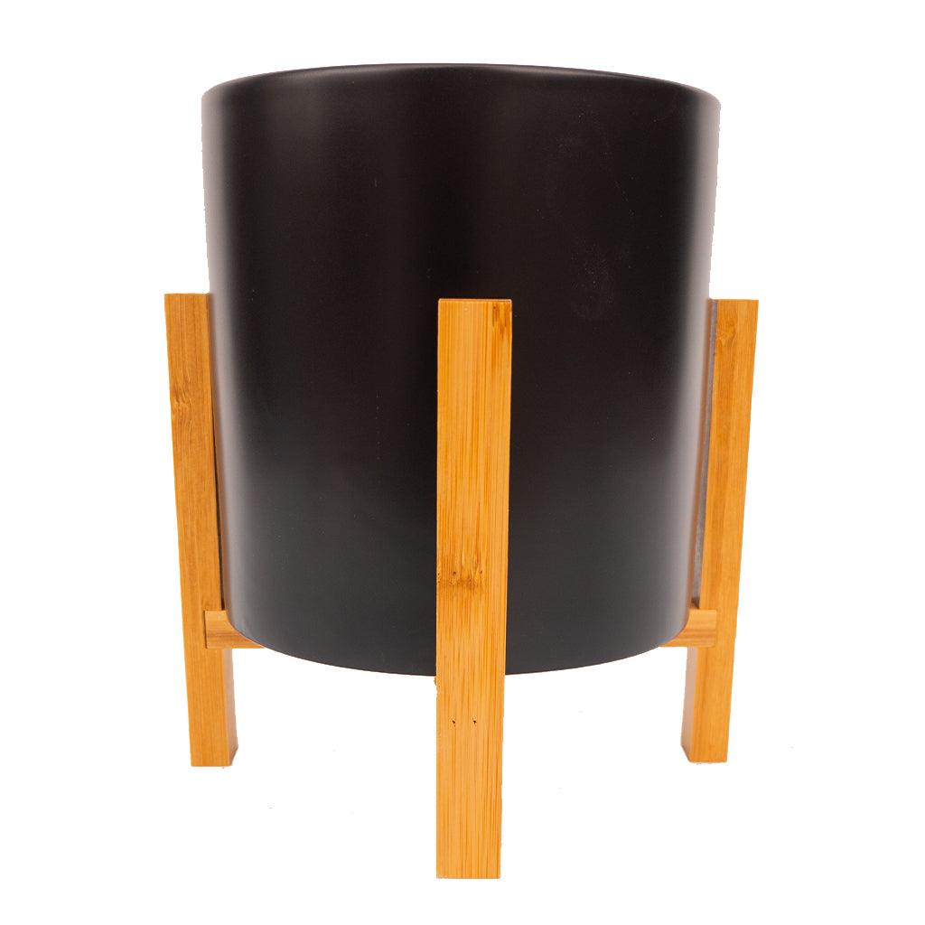 Gwen Tall Ceramic Pot with Wooden Stand Matte Black