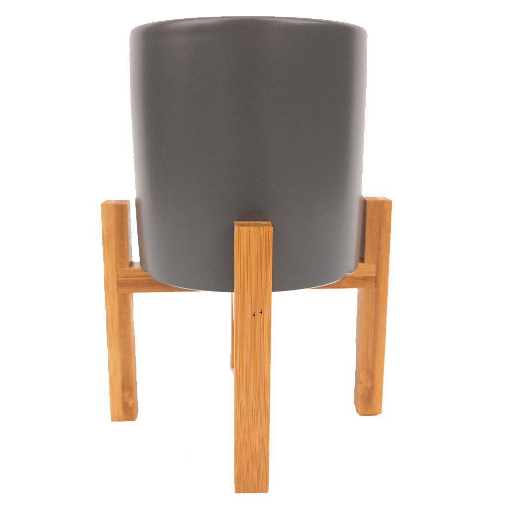 Gwen Tall Ceramic Pot with Wooden Stand Matte Grey