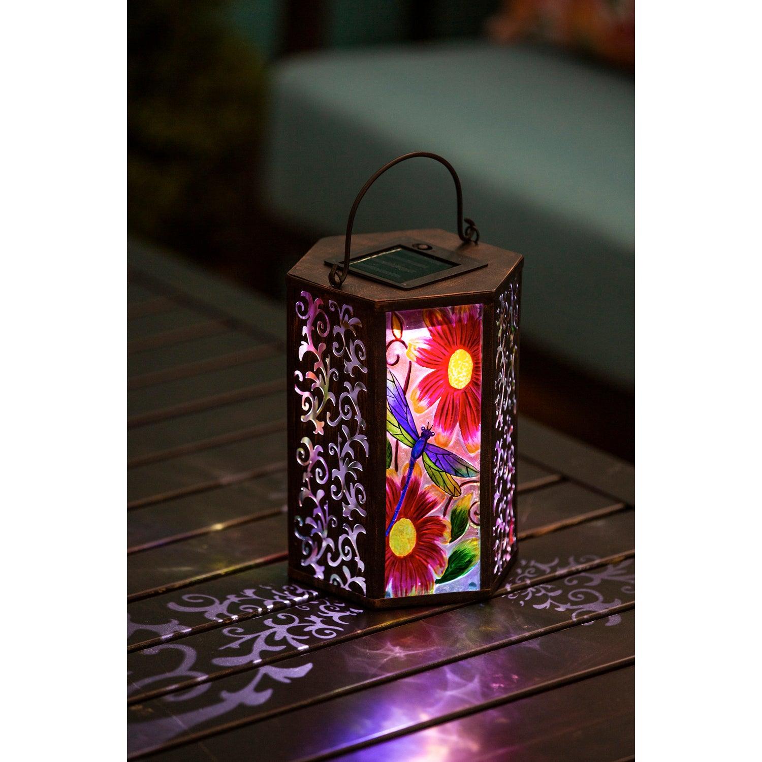 Dragonfly Hand Painted Embossed Glass Metal Solar Lantern
