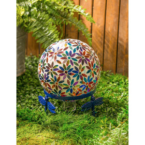 Mosaic Glass Gazing Ball, Multicolored Flowers 10"