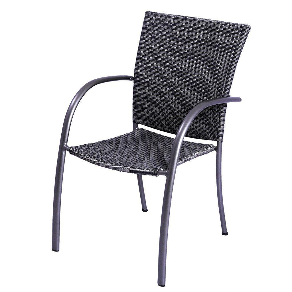 With a stunning deep grey wrought iron frame finish and interwinding grey resin wicker for support, this chair adds elegant simplicity to an outdooring living area. Measures 25.5in D x 22in W x 35in H. 