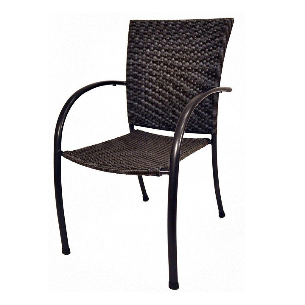 With a stunning deep brown wrought iron frame finish and interwinding brown resin wicker for support, this chair adds elegant simplicity to an outdooring living area. Measures 25.5in D x 22in W x 35in H.  