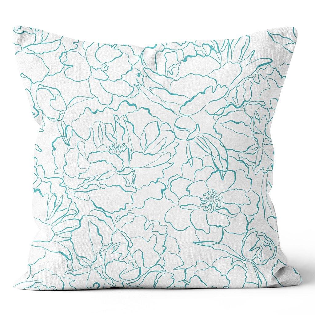 Oversized Floral Outline White/Teal 20x20&quot; Outdoor Pillow