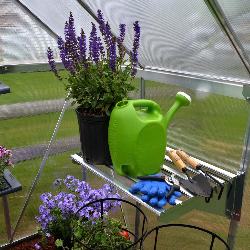 Add more space to your greenhouse area with this metal shelf. Ideal for holding plants and any gardening tools, this shelf is sturdy and a practical addition.