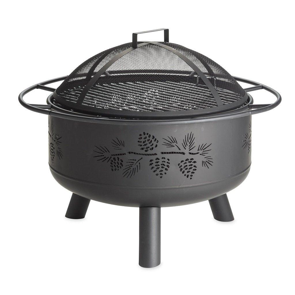 With elegant, crafted iconic Canadian foliage, this fire pit was crafted for timeless outdoor living. An included grill allows for easy cooking and protection with a steel cover and a bold black finish. Measures 30in W x 23.5in H x 30in D.