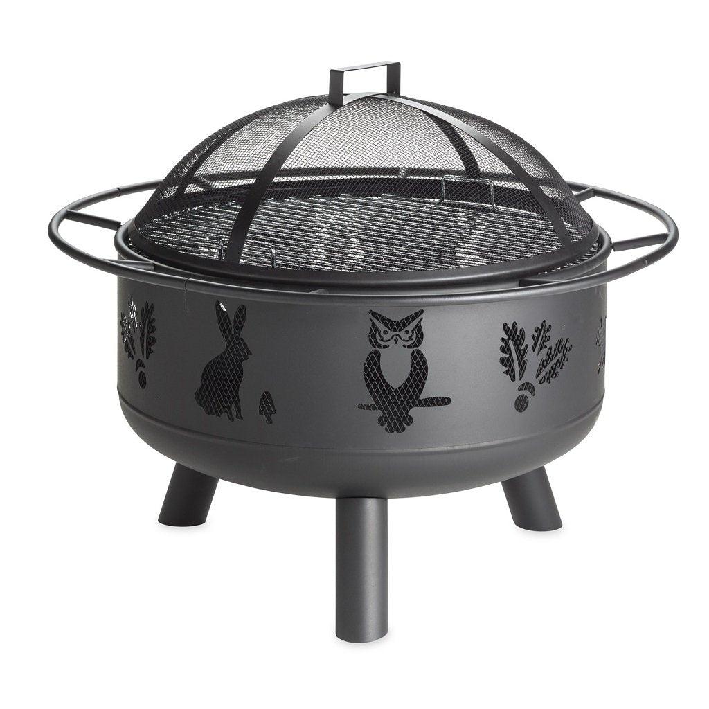 Inspired by Canadian wildlife with stunning detailed cut-outs of foliage, owls, and rabbits, this fire pit was crafted for timeless outdoor living. An included grill allows for easy cooking and protection with steel cover and bold black finish. 