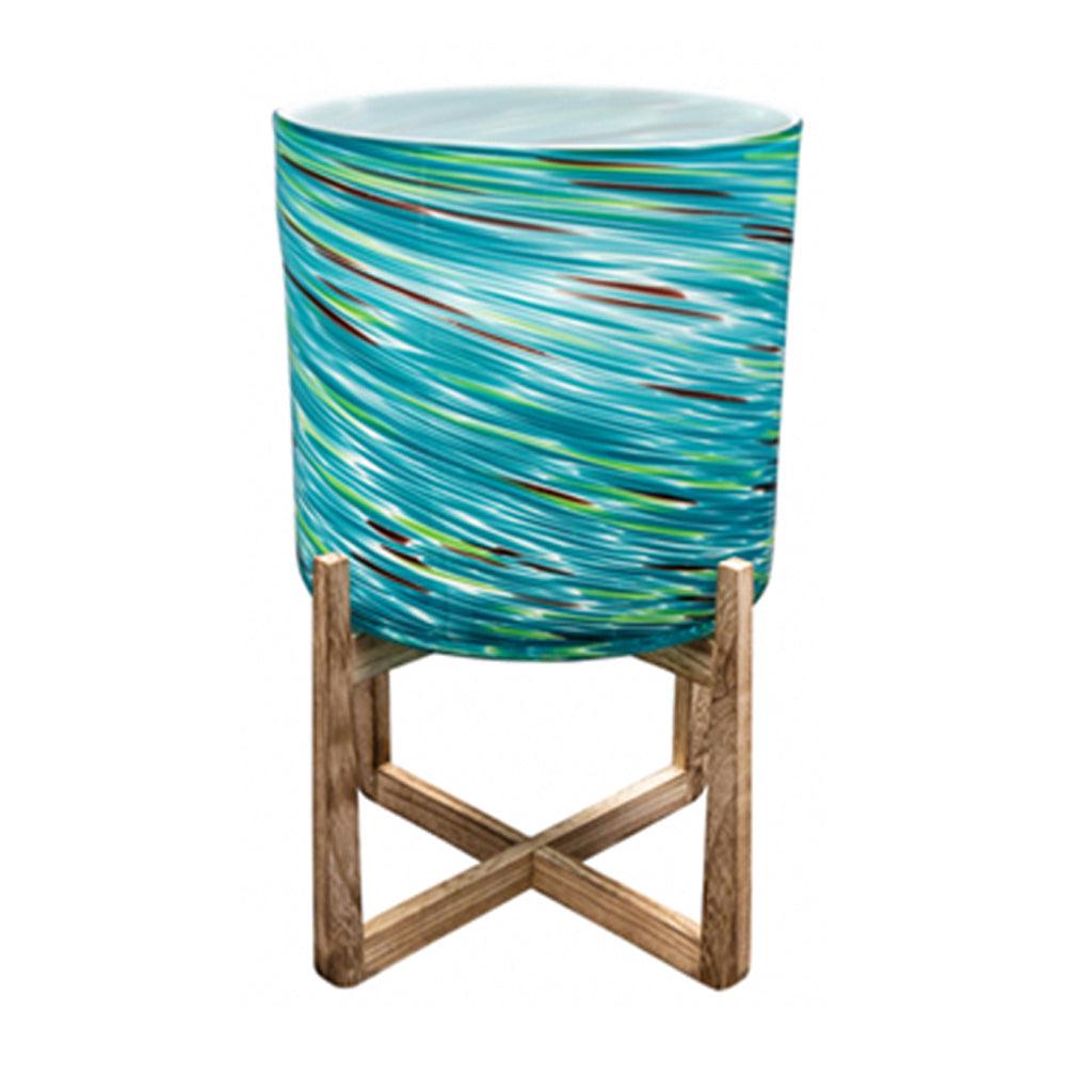 Art Glass Planter On Wood Stand In Blue Swirl