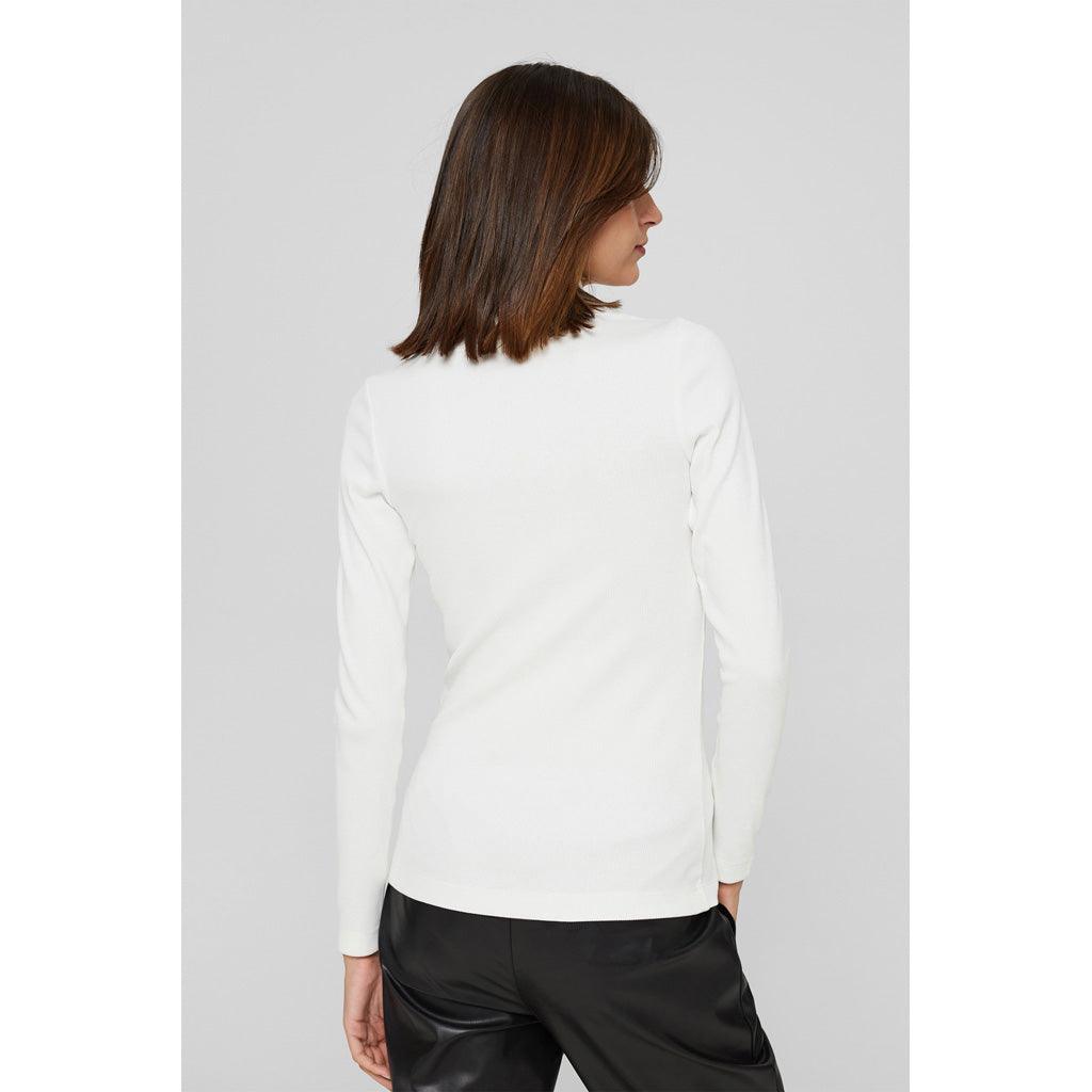 High Neck Button Long Sleeve Ribbed Top Off White