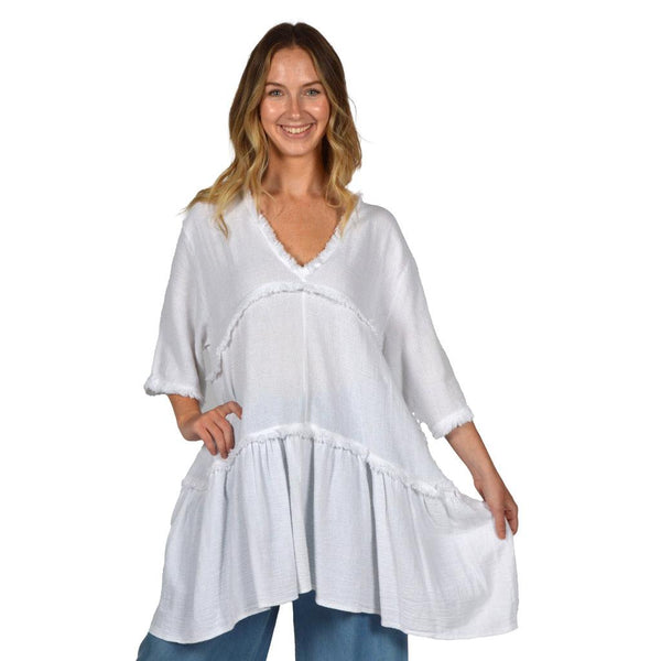 White Loose Knit Fray Trim Dress | Sheridan Nurseries