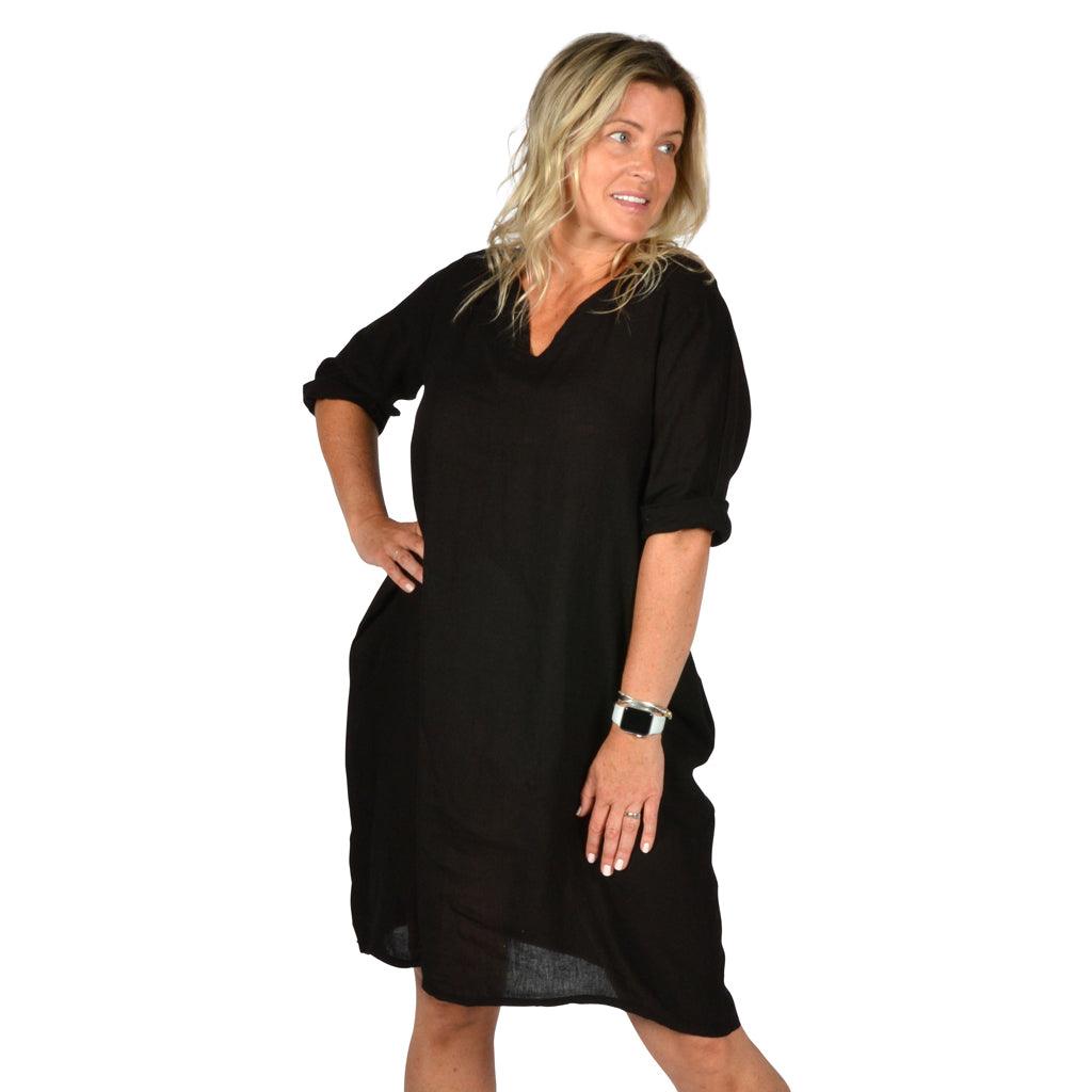 Black Linen Midi Tunic Dress