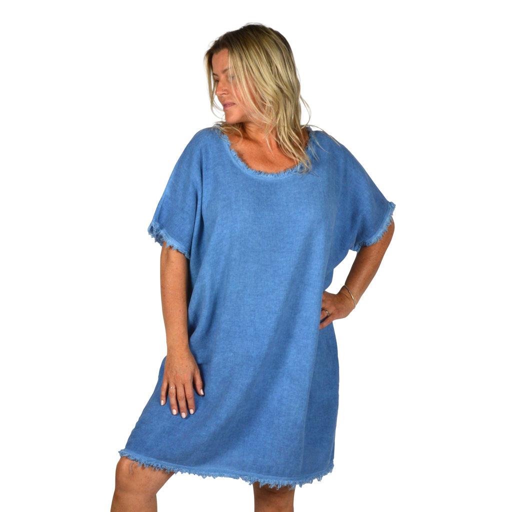 Blue Jean Cotton/Linen Raw Edge Dress