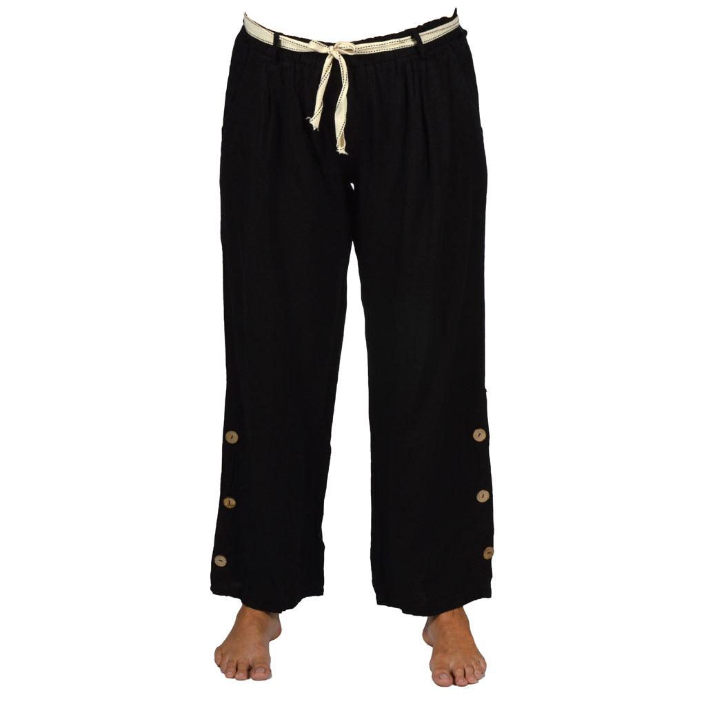 Black 100% Linen Pants W/Buttons