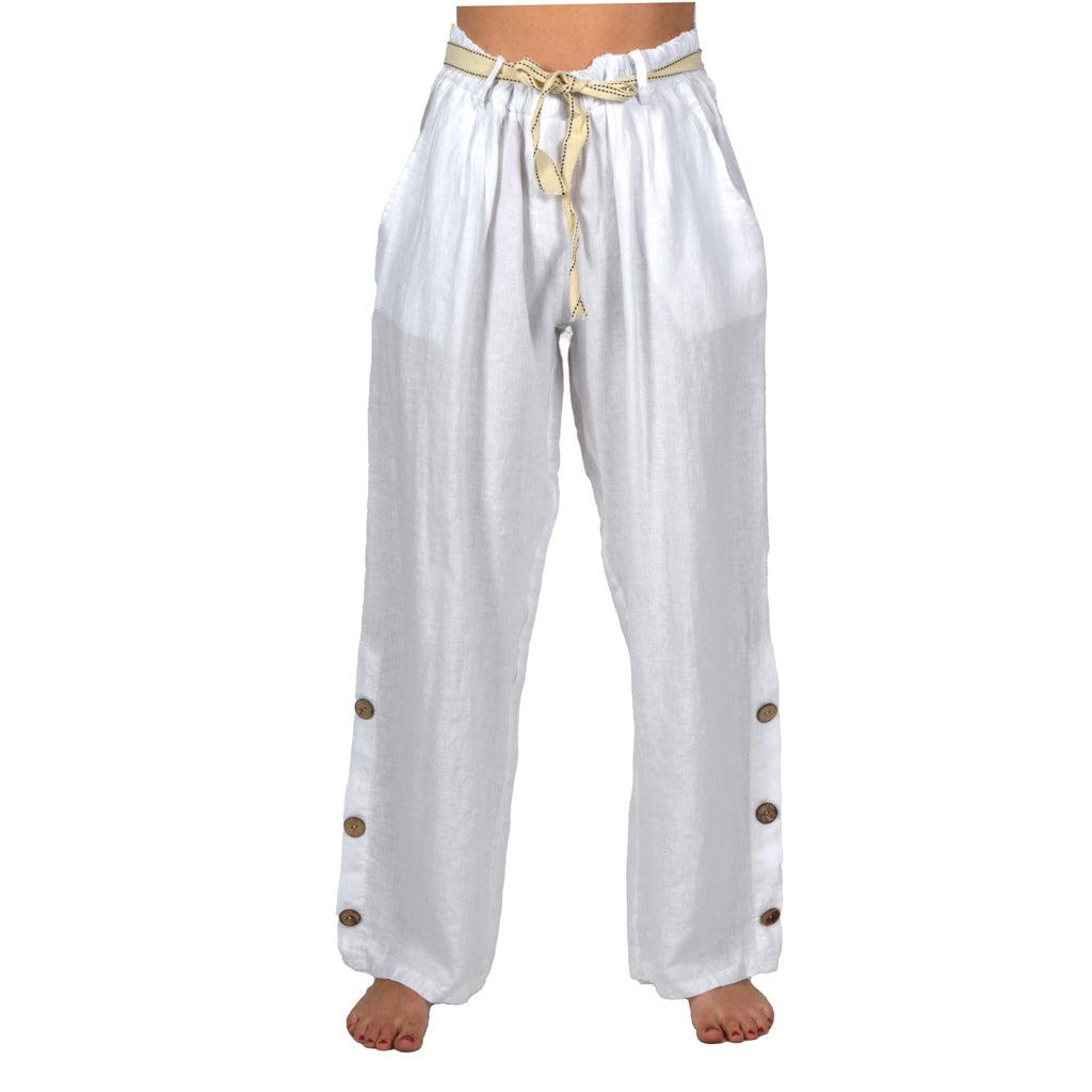 White 100% Linen Pants W/Button