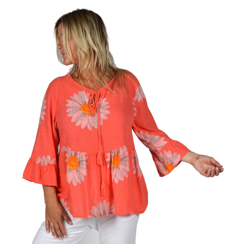 Coral Large Daisy Print Top