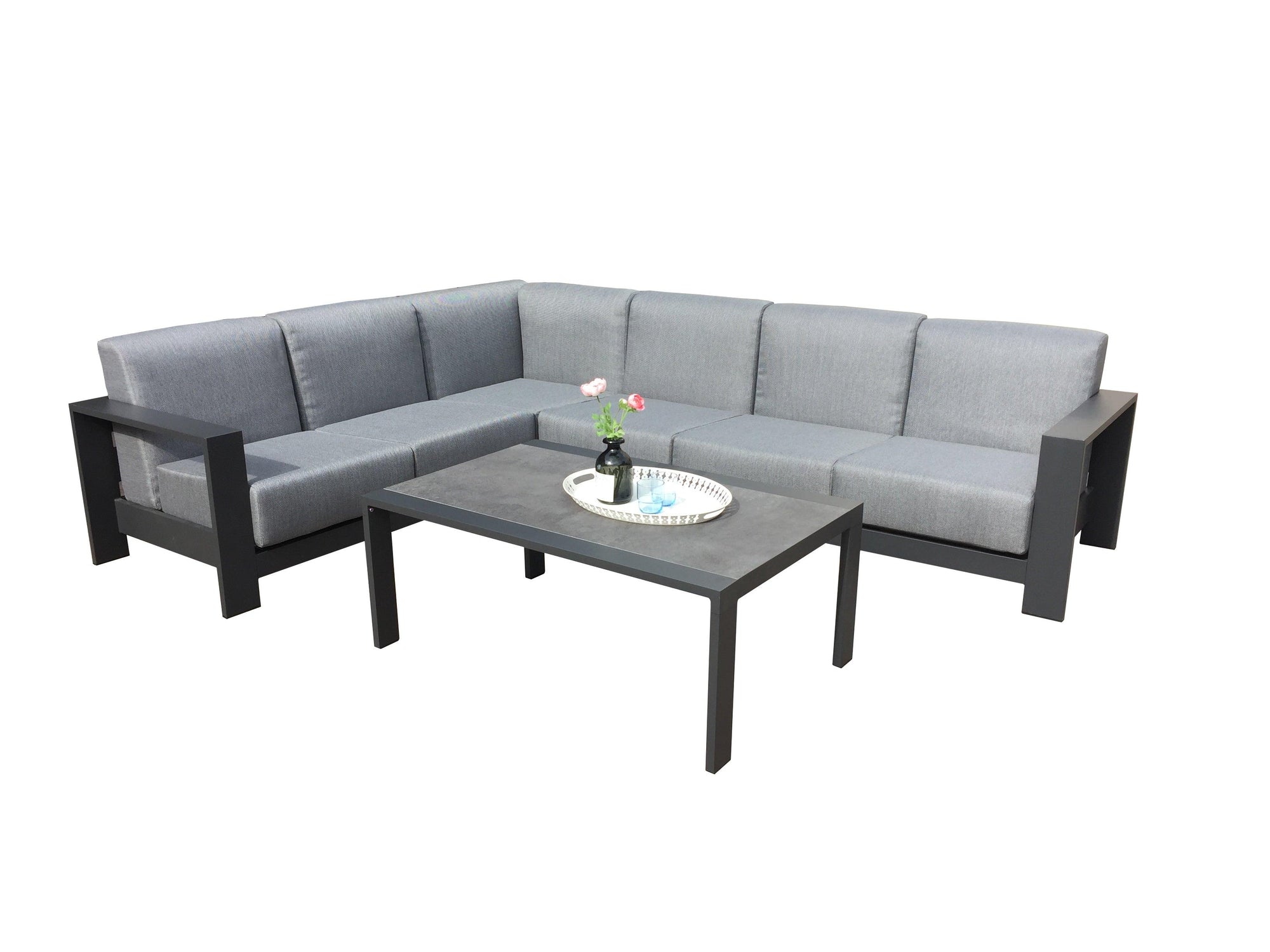 Elevate your deep seating with the stunning and modern four-piece sectional. With a sleek black frame and custom-made grey cushions, this set brings elegance and additional serving space with the complementing coffee table. 