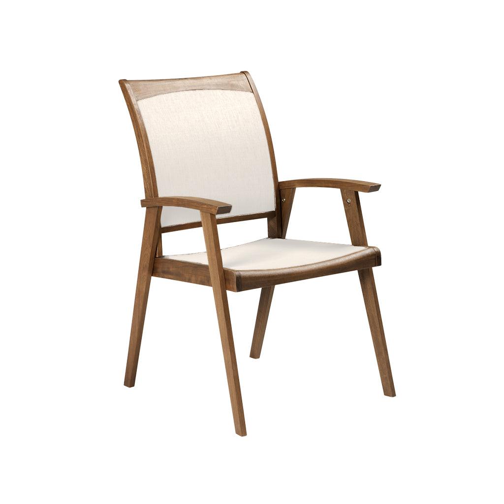 As part of the Topaz Collection, this arm chair adds contemporary flair and comfort into outdoor living. Made from 100% FSC-Certified Ipe timber and breathable, woven, outdoor sling fabric, this outdoor living accessory is easy to care for. With deep chocolate colours and strong structural support, this chair was crafted to bring comfort year after year. Measures  27in L x 25in W x 36in H.