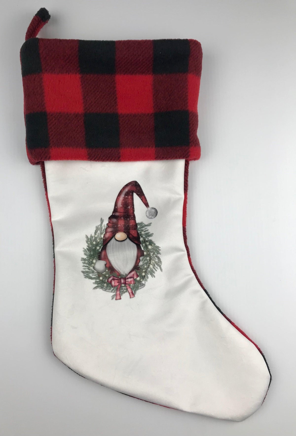 Stocking Gnomes Wreath With Buffalo Check Fleece Cuff