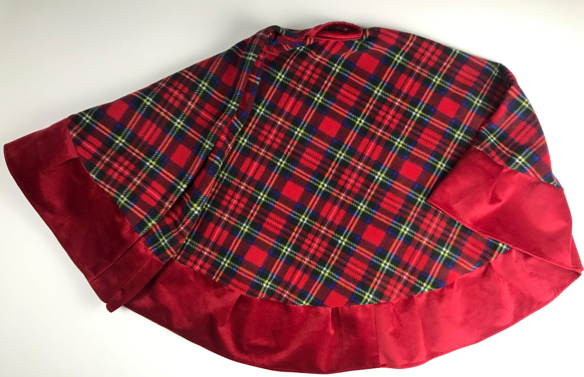 Stewart Plaid Tree Skirt With Red Velvet Flat Tape Trim