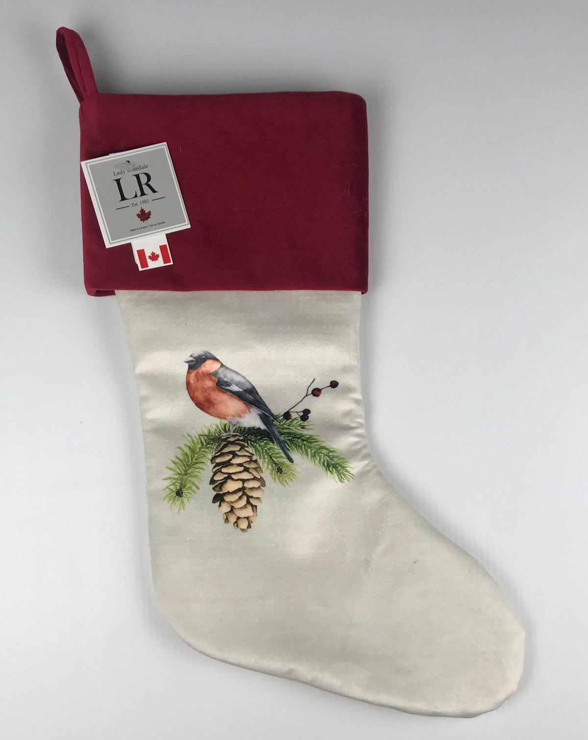 Stocking Robin On Branch With Red Velvet Cuff