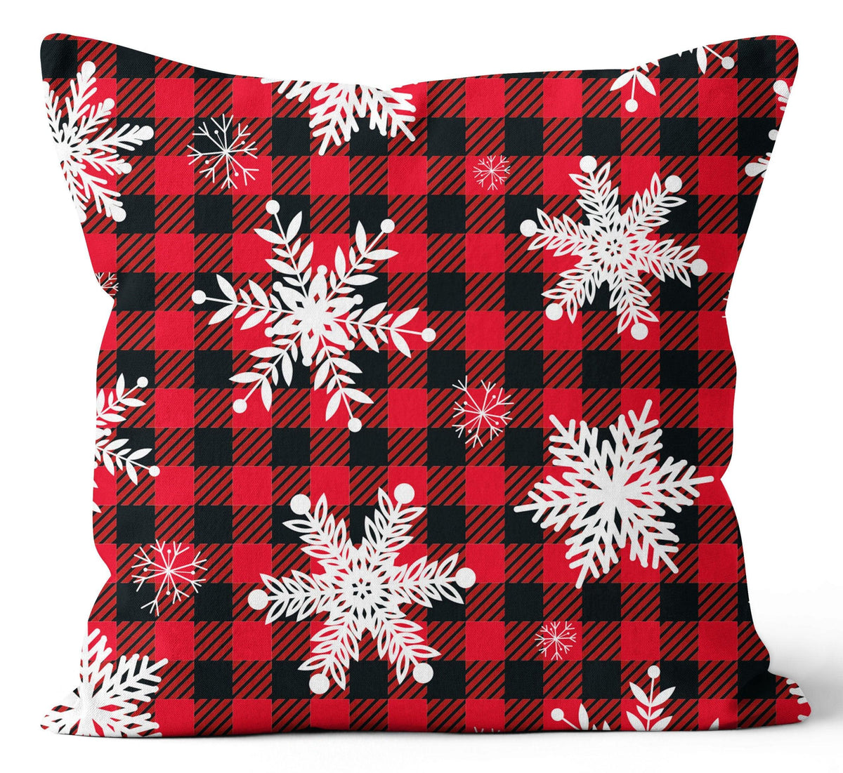 Snowflakes On Red &amp; Black Buffalo Check Pillow 18X18