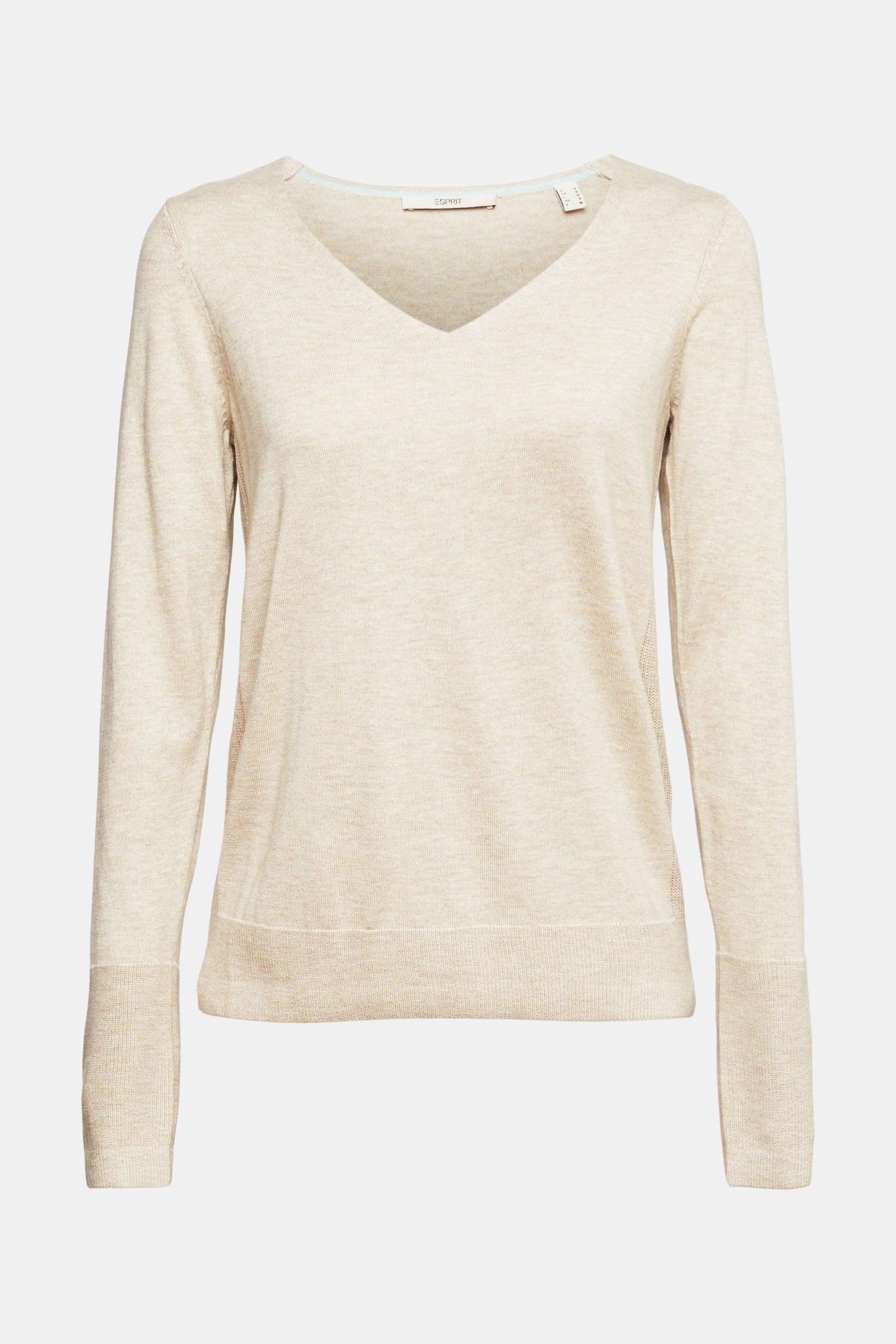 Long Sleeve V-Neck Cotton-Viscose Sweater Sand