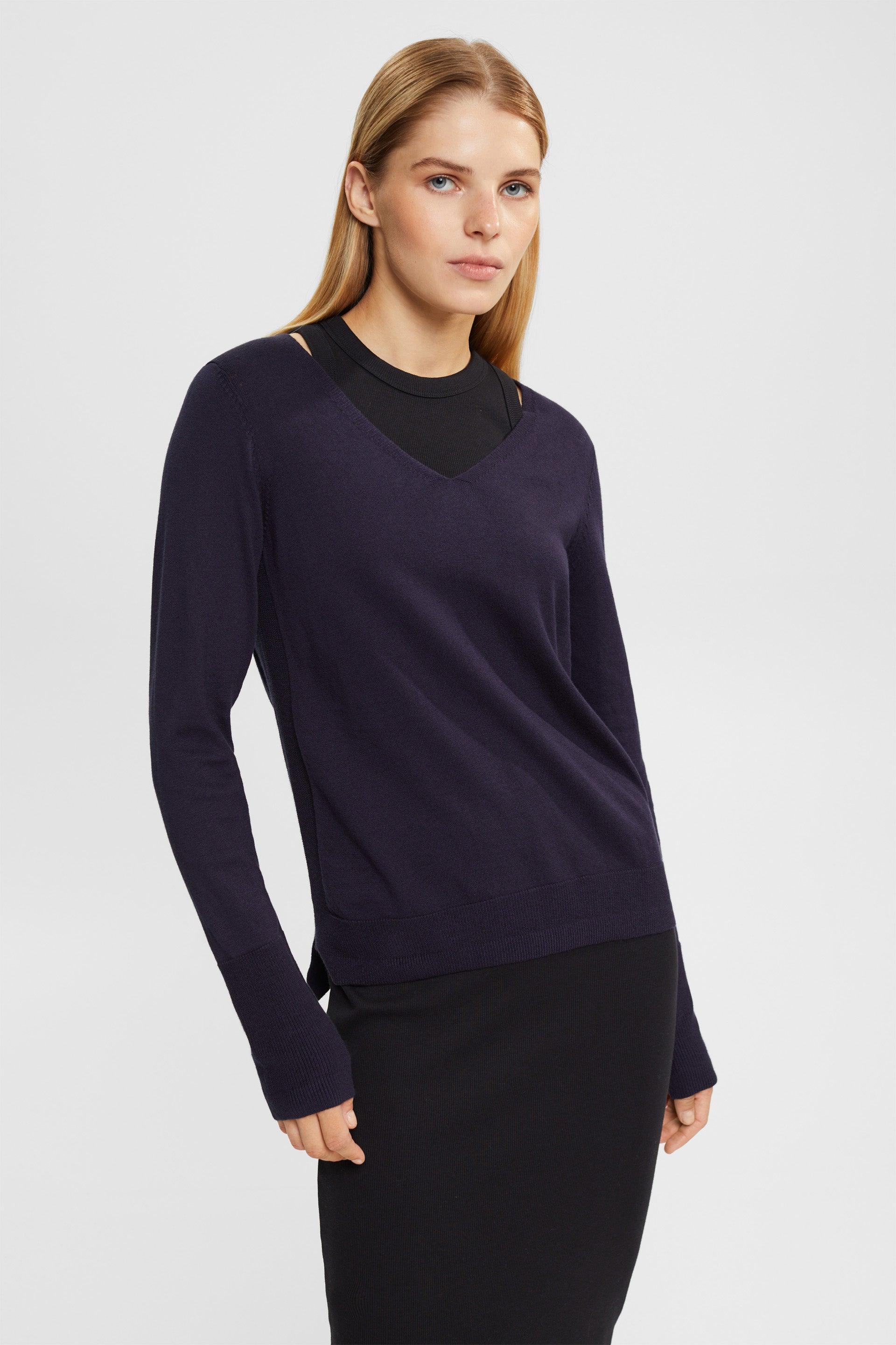 Long Sleeve V-Neck Cotton-Viscose Sweater Navy