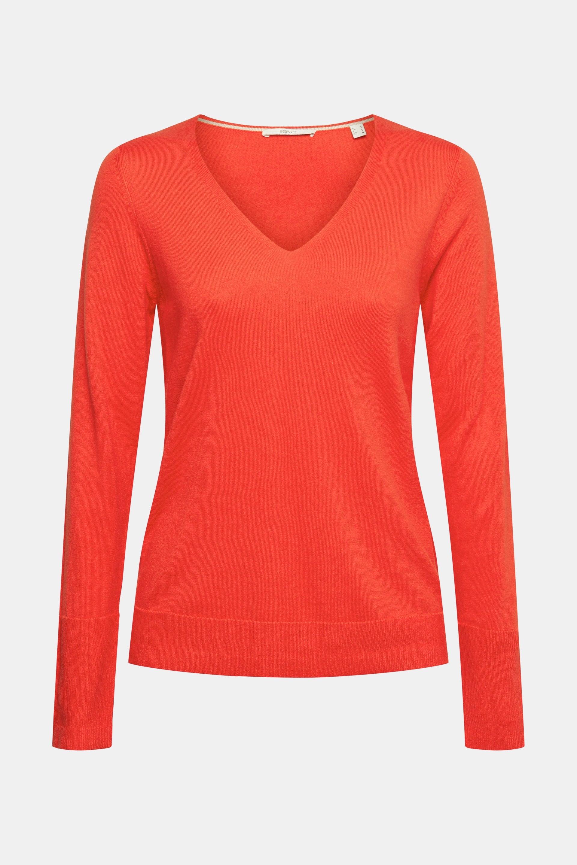 Long Sleeve V-Neck Cotton-Viscose Sweater Orange Red