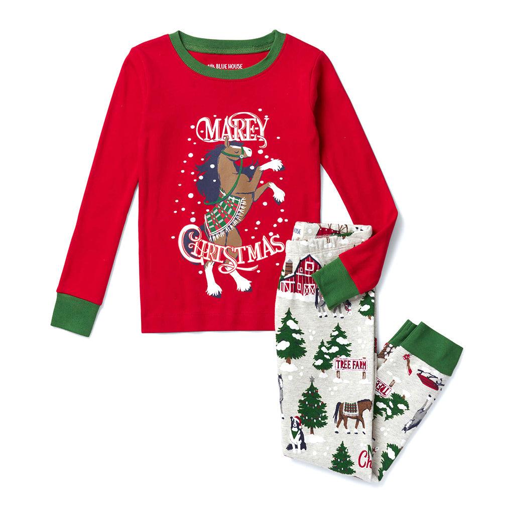 Kid&#39;s Christmas Tree Farm Applique Pajama Set - Red/Grey