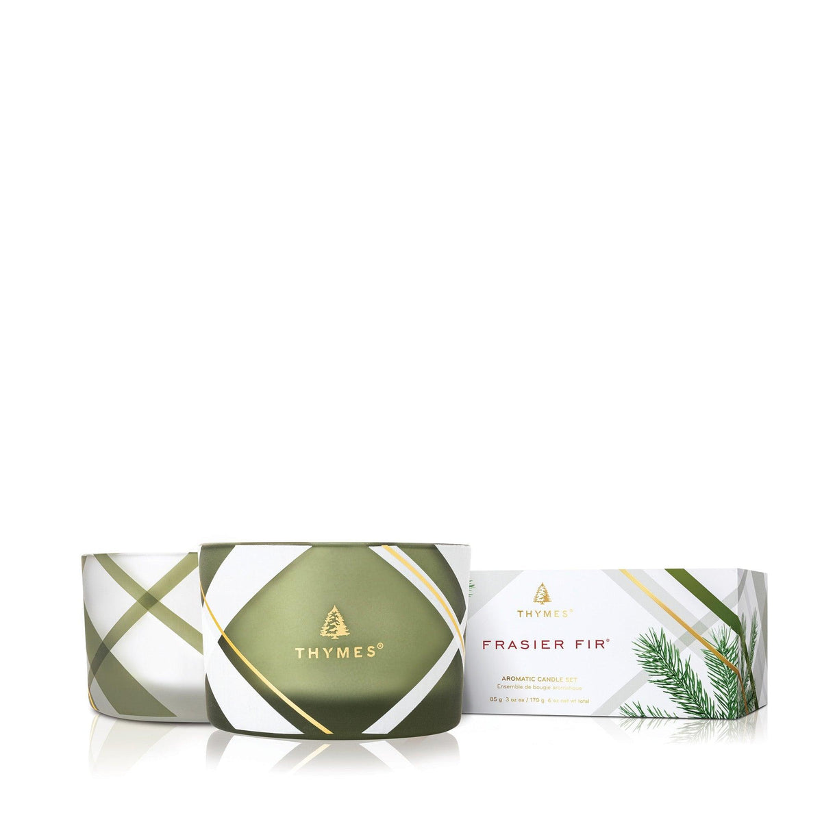 This set encompasses the essence of a winter forest, filling your space with the refreshing mountain fragrance of Frasier Fir. The deep frosted greens and glistening mercury gold accents on the candle&#39;s container add a touch of elegance and holiday spirit to your décor.