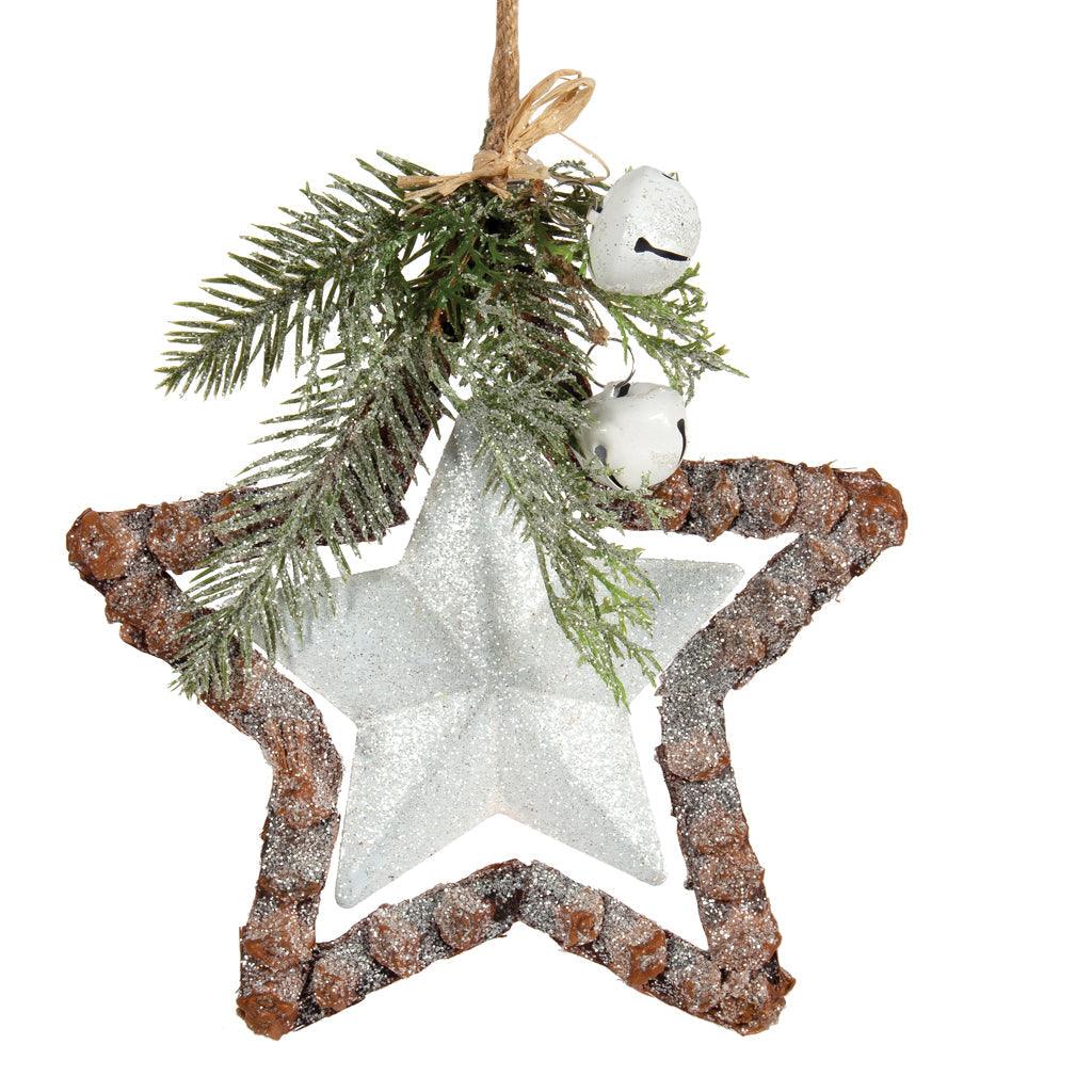 Ornament Glitter White Star With Pinecones 8.25&quot;