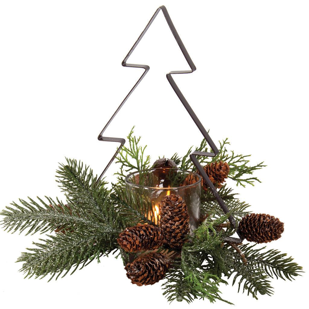 This unique and festive piece stands 9.25 inches high and has a diameter of 9 inches, making it a striking addition to your tabletop or mantle. Crafted from durable metal, the centerpiece features a charming tree design adorned with faux greenery and a touch of glitter for that extra sparkle. 