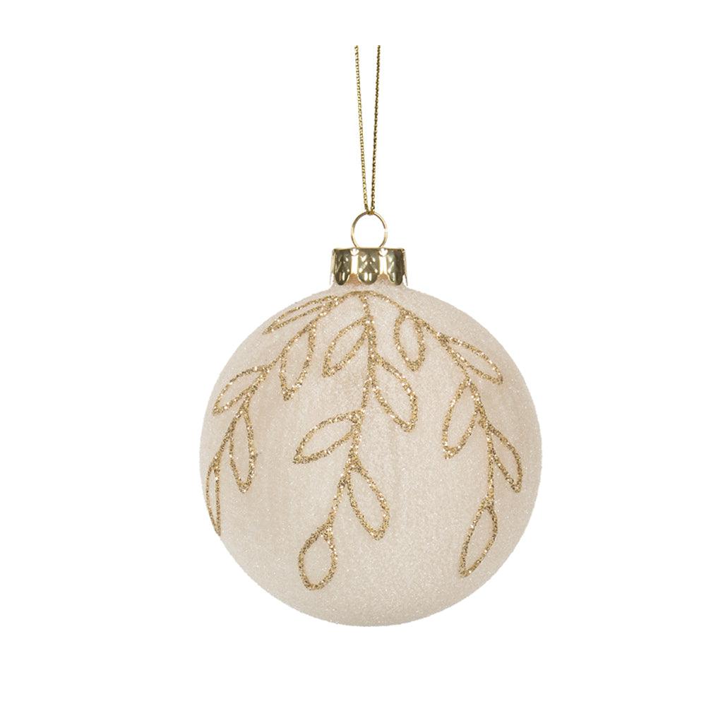 Ornament Ball W/Branch Design Ivory &amp; Gold Glitter 3&quot; Dia.