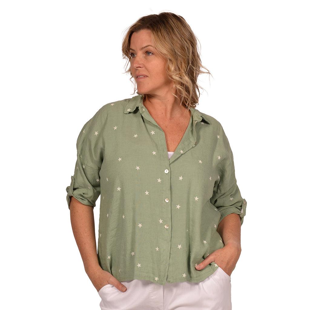 Shirt Long Sleeve Star Linen Green One Size