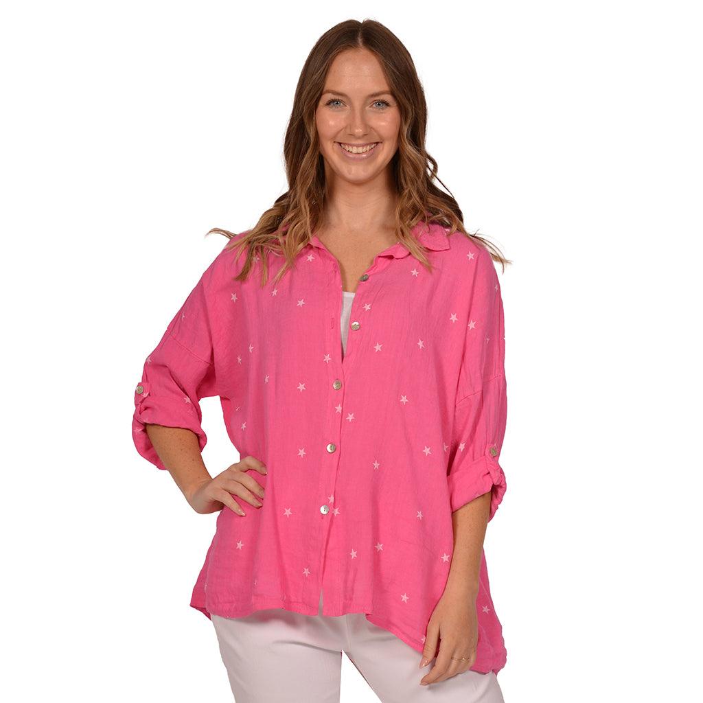 Shirt Long Sleeve Star Linen Pink One Size