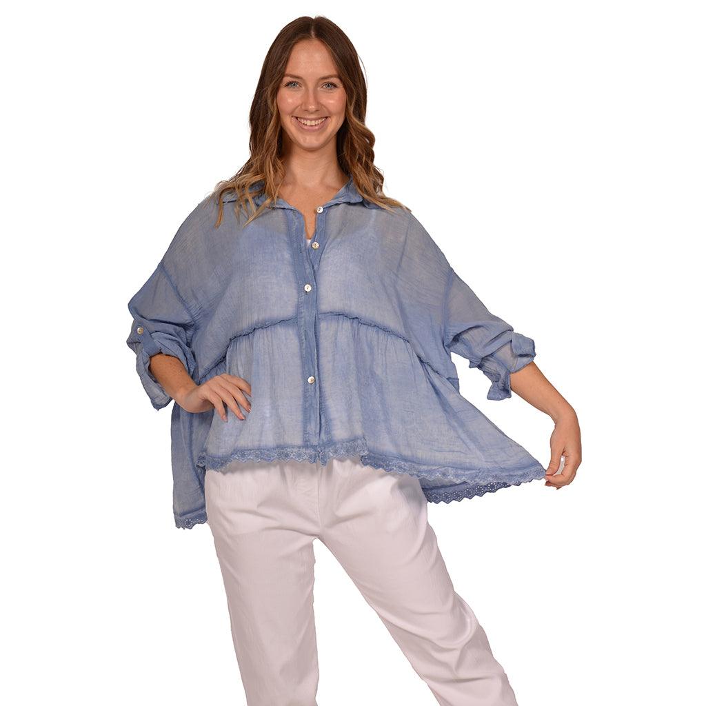 Shirt Long Sleeve Peplum Linen Blue Jean One Size