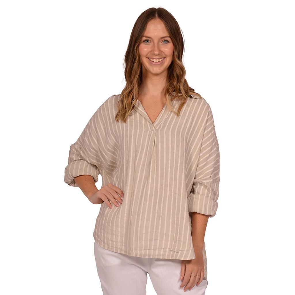 Shirt Long Sleeve Stripe Linen Beige One Size