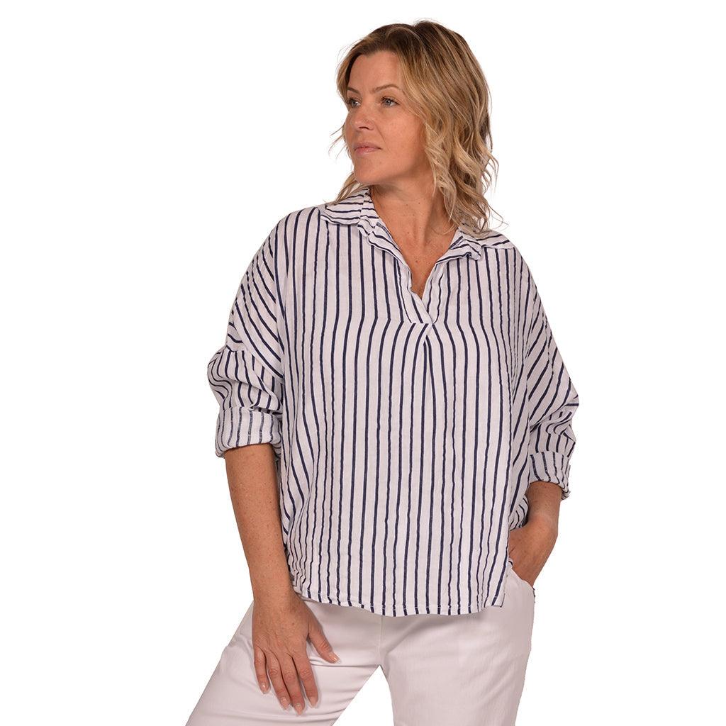 Shirt Long Sleeve Stripe Linen White One Size