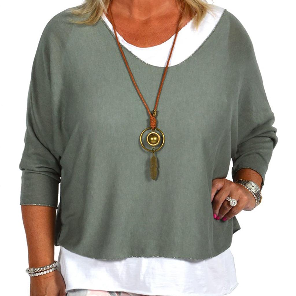Tunic 2 Piece with Necklace Green One Size