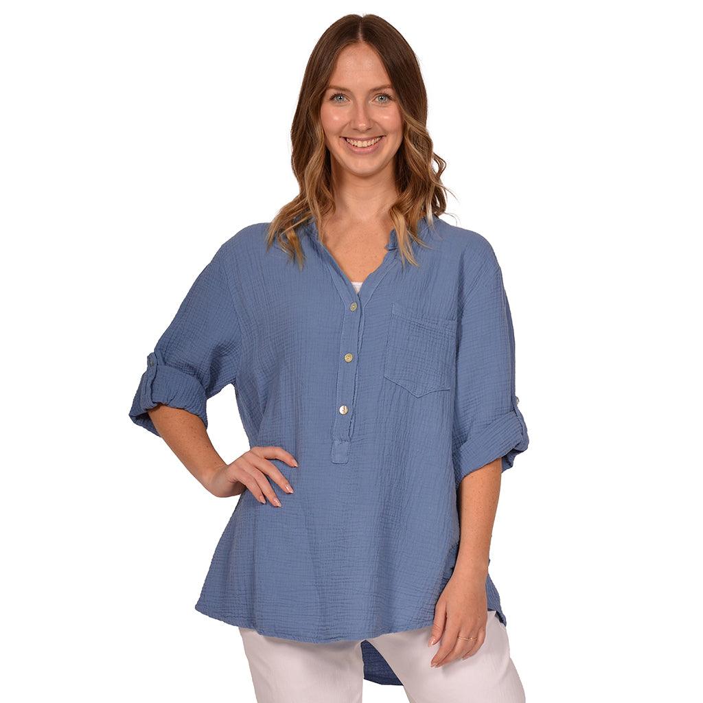 Shirt Long Sleeve Cotton Button Down Blue Jean One Size