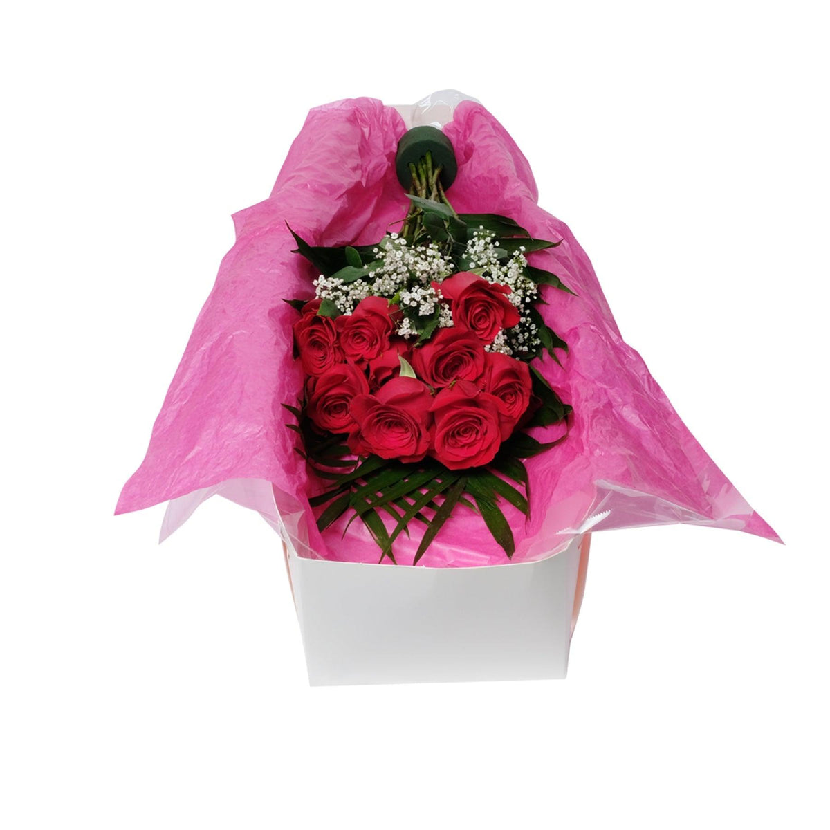 Dozen Long Stem Roses Baby's Breath and Greens - Boxed