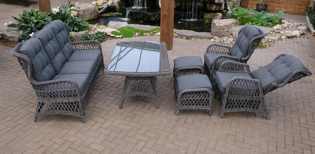 This 4 Piece Set is crafted with an aluminum frame in driftwood and linen cushions and offers lasting durability in addition to comfort. Crafted with resin wicker this set lasts year over year with minimum care.   Please note that the ottomans are not included.