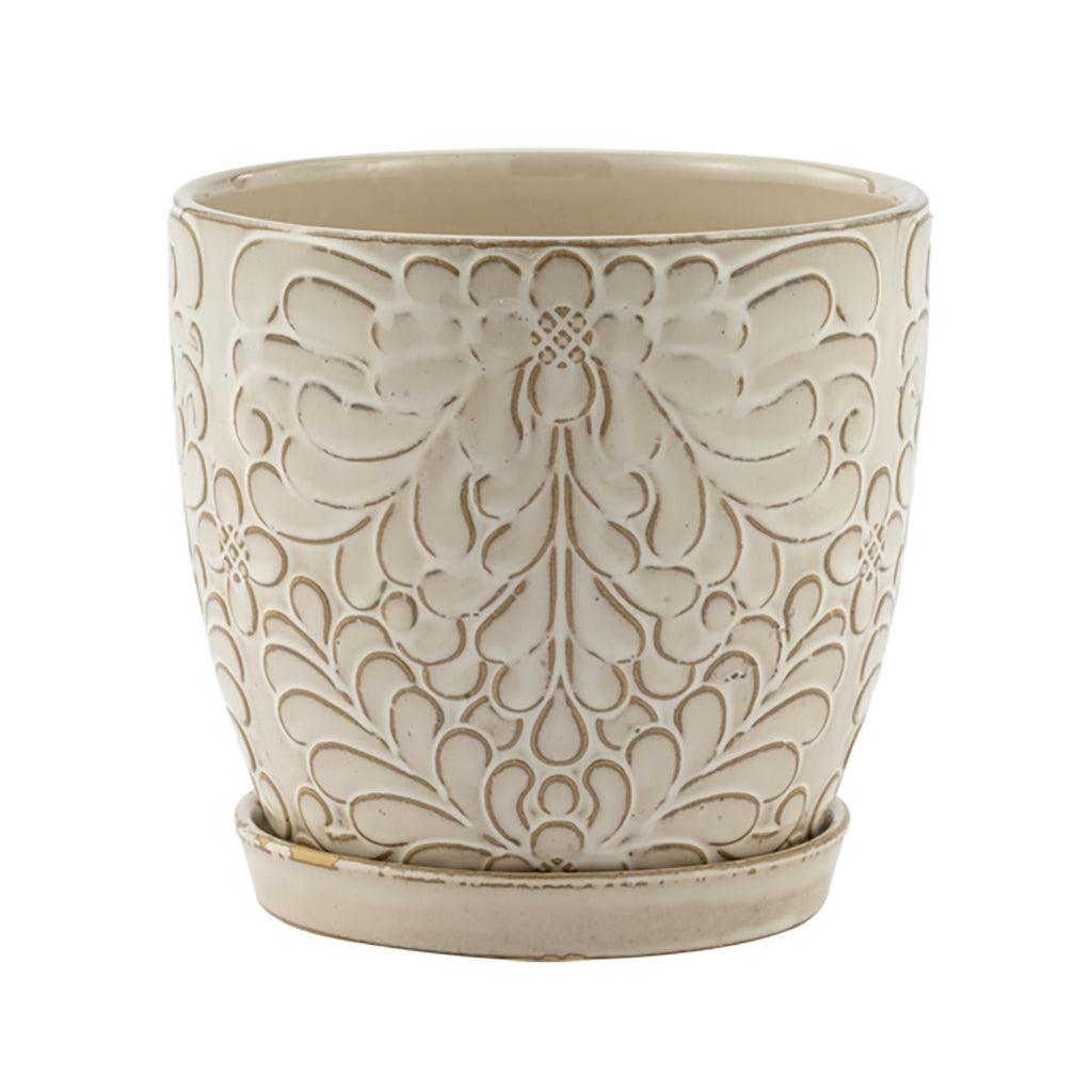 Planter W/Saucer White Floral 7.5" Dia