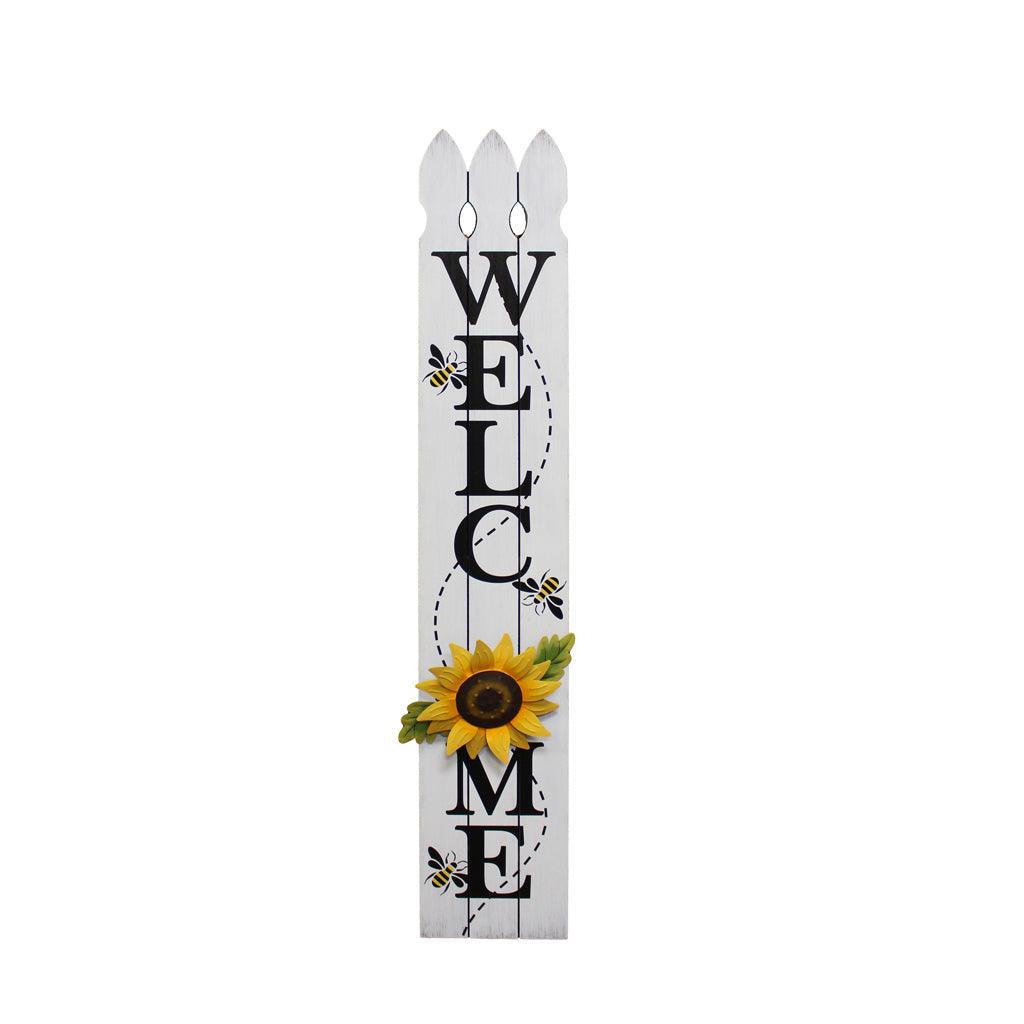 Welcome friends and family with a touch of rustic charm. This unique wooden sign features a 3D metal sunflower, adding a modern twist to your porch décor.