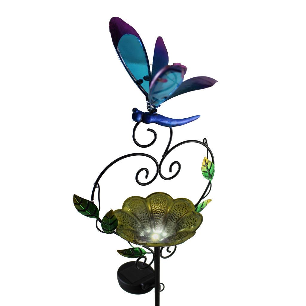 Welcome the beauty of nature into your garden with a stunning and functional solar dragonfly stake. Standing at 41 inches tall, this stake features a bird bath or feeder, adding a touch of whimsy and charm to your outdoor space. Enjoy the benefits of attracting birds and other wildlife while also bringing a unique and decorative element to your garden.
