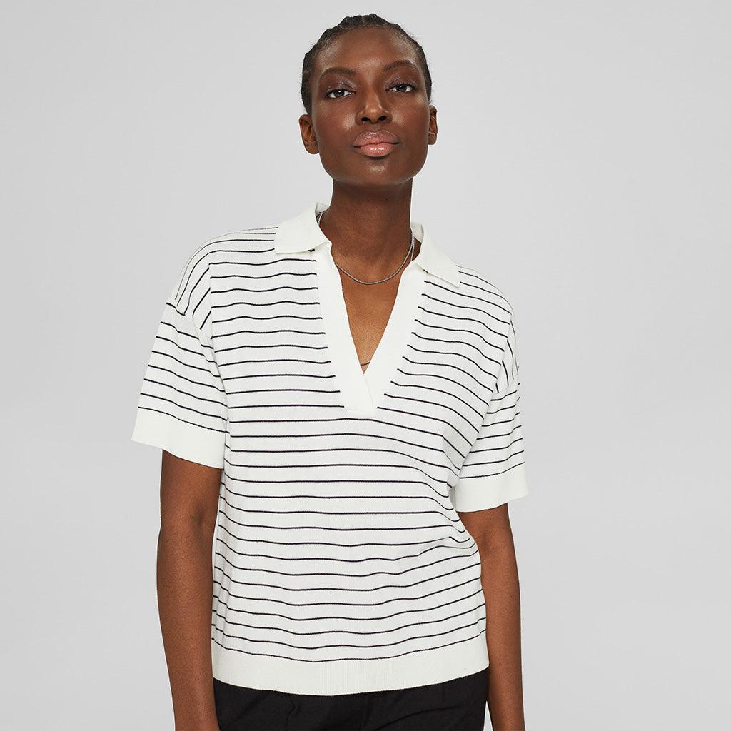Sweater Fine Knit Short Sleeve Polo Off White