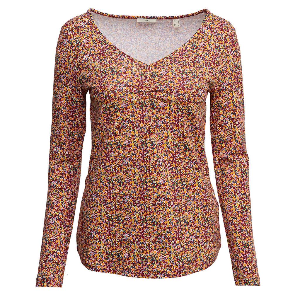 Top Slim Fit V-Neck Long Sleeve Gathered Cherry Red