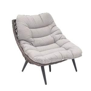 Curl up in the sophisticated Tarragona Chair. Made with an aluminum frame and supported with interwinding resin wicker this chair is made for relaxing with its custom-made, crafted cushions in a linen colour. Measures 43.7in x 36.2in x 32.6. 