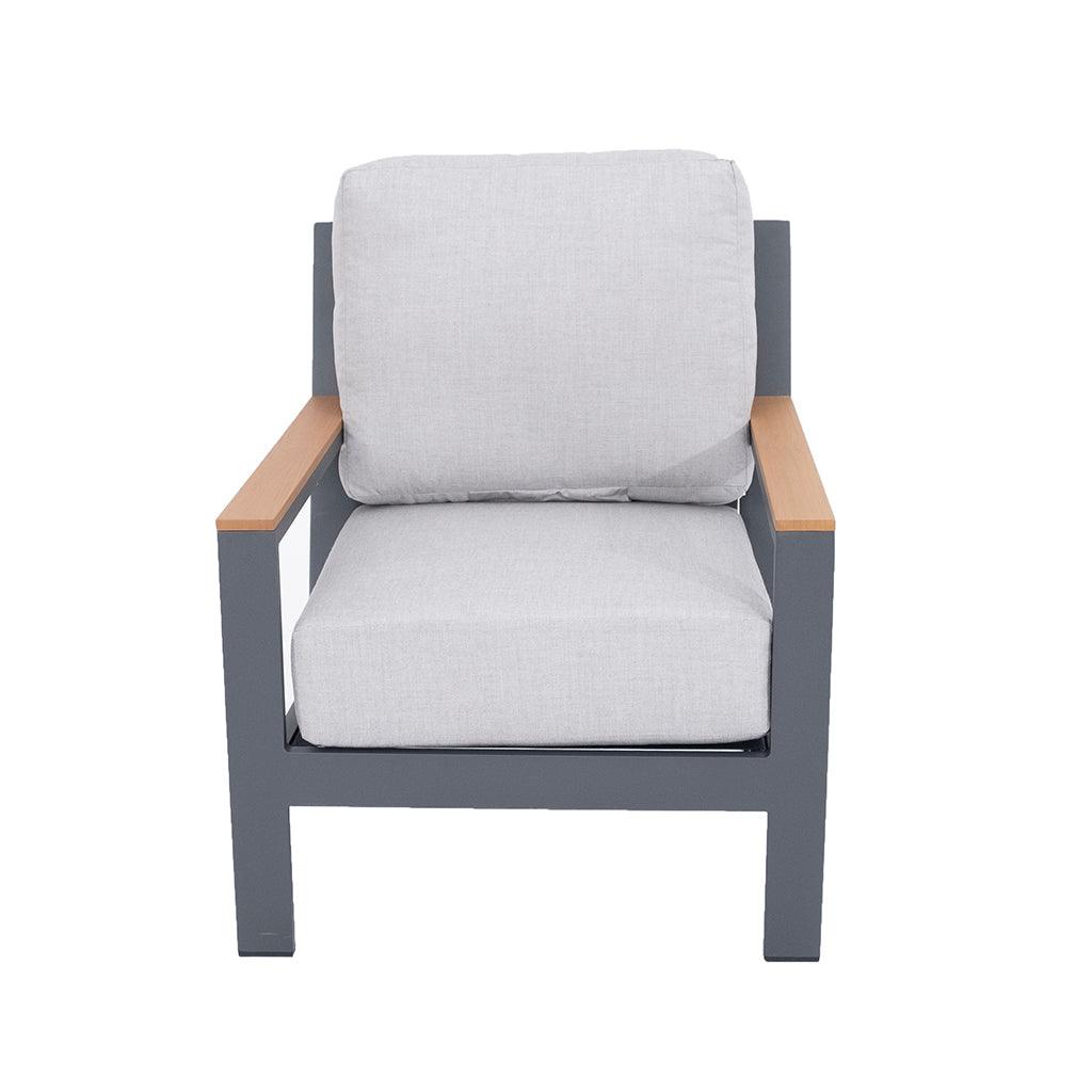 Experience ultimate outdoor luxury with the Coronado Collection Lounge Chair. With an aluminum frame and finish with teak-colour armrests, it exudes modern elegance, while providing deep seating for your outdoor oasis. Measures 35.1in H x 30.9in W x 37in D.