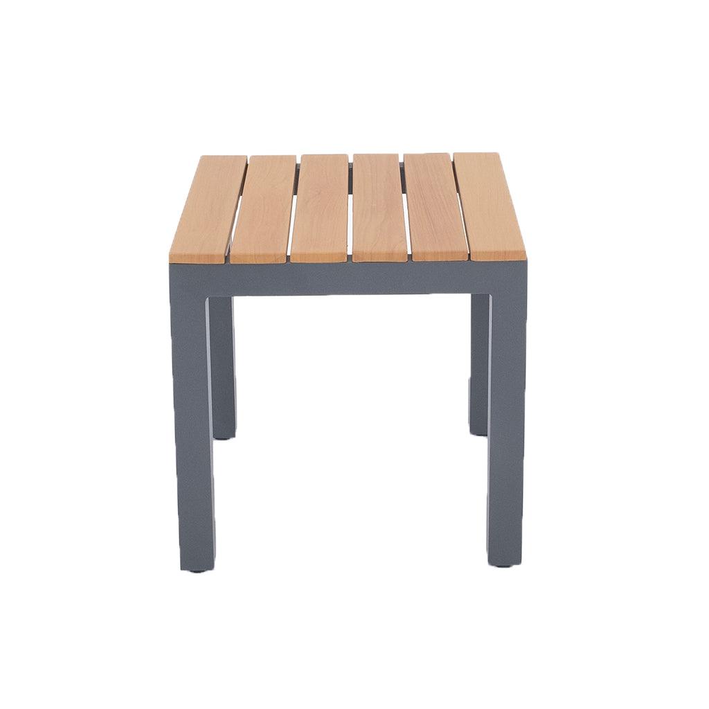 Add additional serving space with the sleek teak-top colour and graphite aluminum frame. Inspired by contemporary style, this end table measures 20.6in H x 20.6inch L x 20.6in W. 